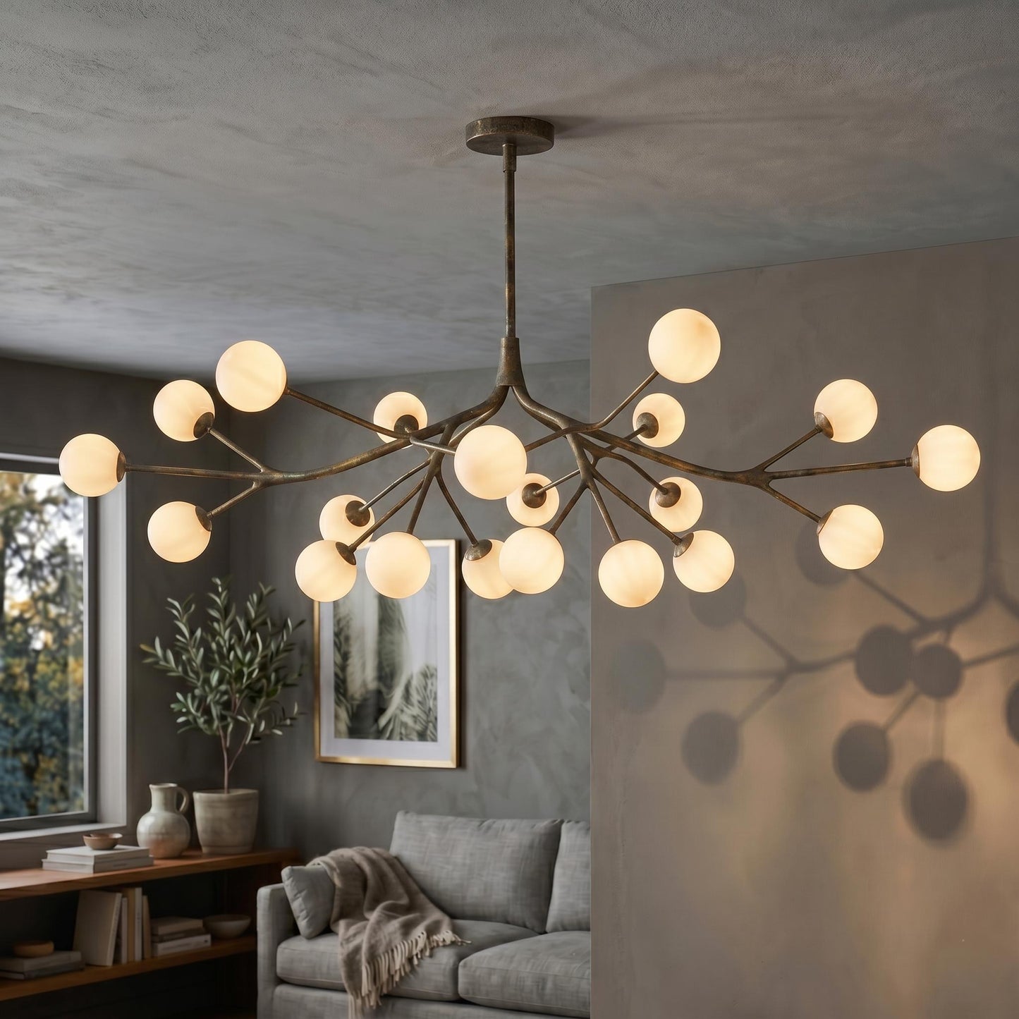 Luxury Brass Branch Chandelier – 20 Light Mid Century Opal Glass Fixture, Modern Statement Light