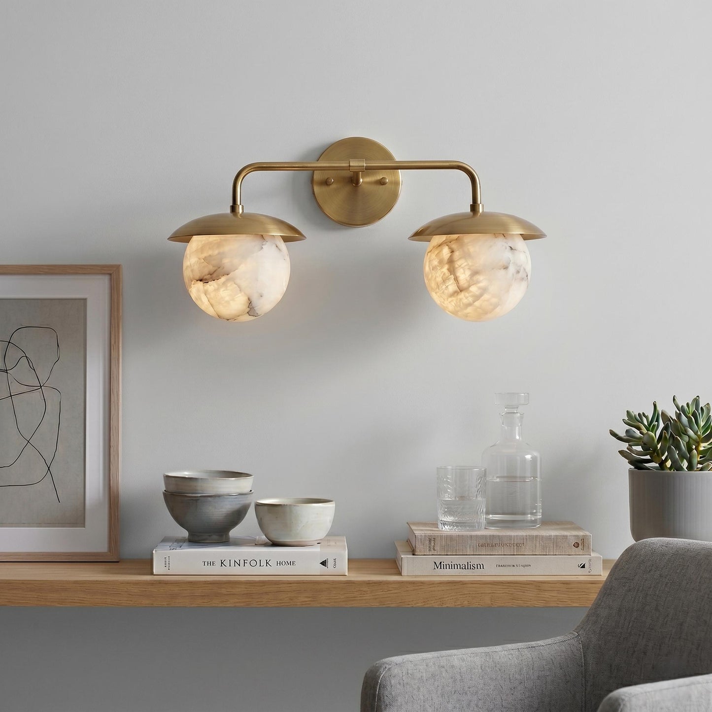 Double Alabaster Globe Wall Sconce, Brass Vanity Light, Modern Bathroom Wall Lamp, Luxury Natural Stone Lighting, Mid Century Wall Fixture