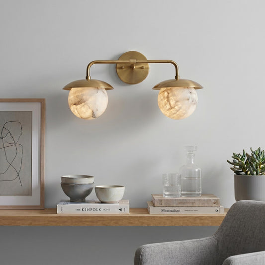 Double Alabaster Globe Wall Sconce, Brass Vanity Light, Modern Bathroom Wall Lamp, Luxury Natural Stone Lighting, Mid Century Wall Fixture
