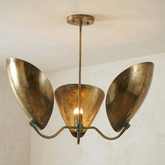 Mid Century Lily Chandelier – 3 Light Brass Petal Fixture, 32" Statement Pendant Lamp