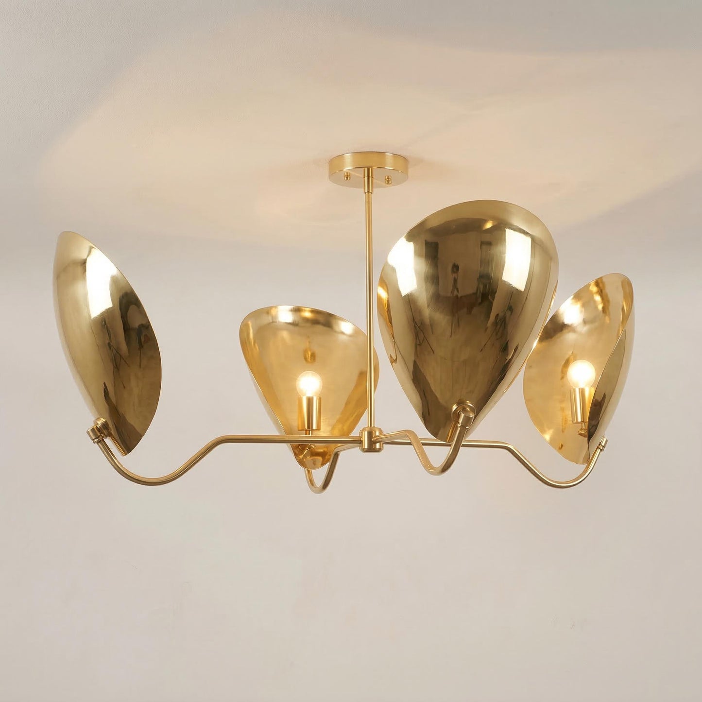 Mid Century Modern Lily Chandelier – Brass Petal Ceiling Light, 4-Light Sculptural Fixture 38” Wide)