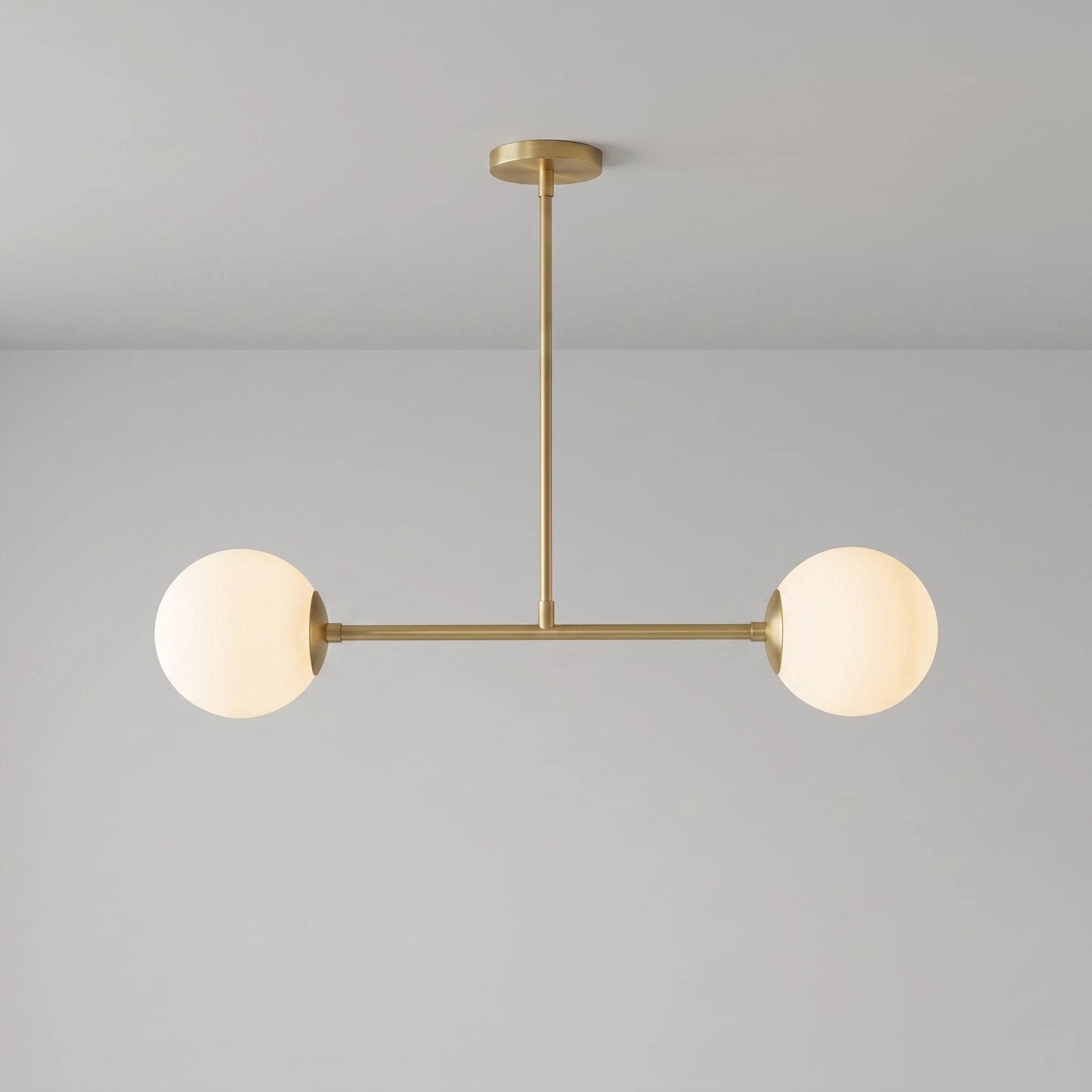 Modern Brass Double Globe Ceiling Light, Mid Century Opal Glass Pendant Lighting