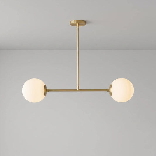 Modern Brass Double Globe Ceiling Light, Mid Century Opal Glass Pendant Lighting