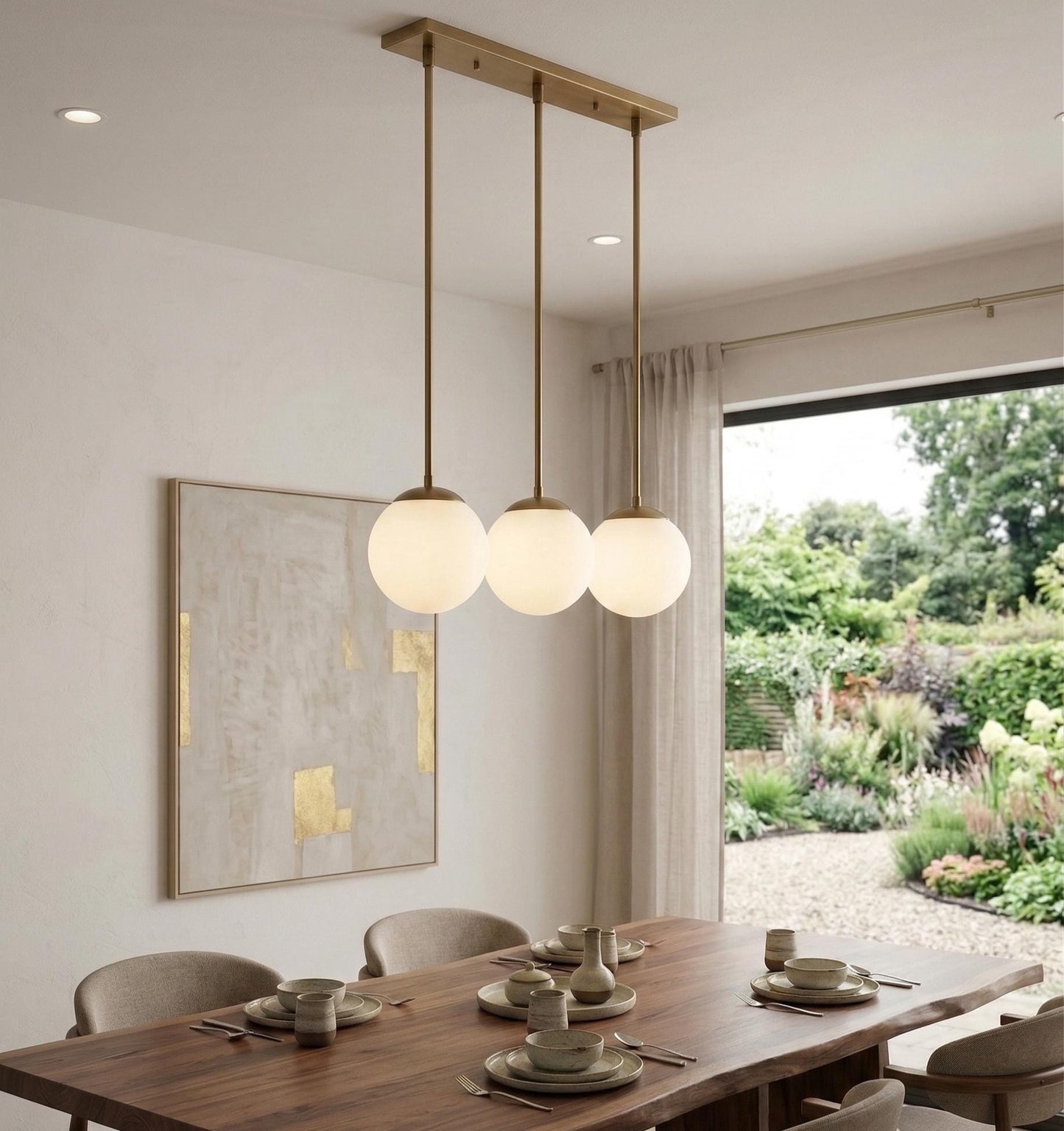 3 Globe Brass Pendant Light | Linear Chandelier, Frosted Glass, Mid Century Ceiling Fixture
