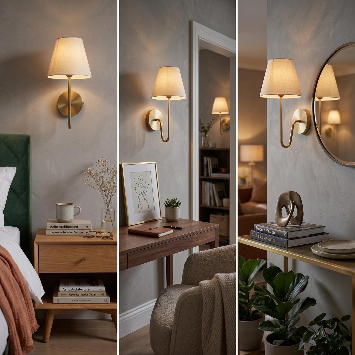 Modern Brass Wall Sconce – Minimalist Fabric Shade Bedside Lamp