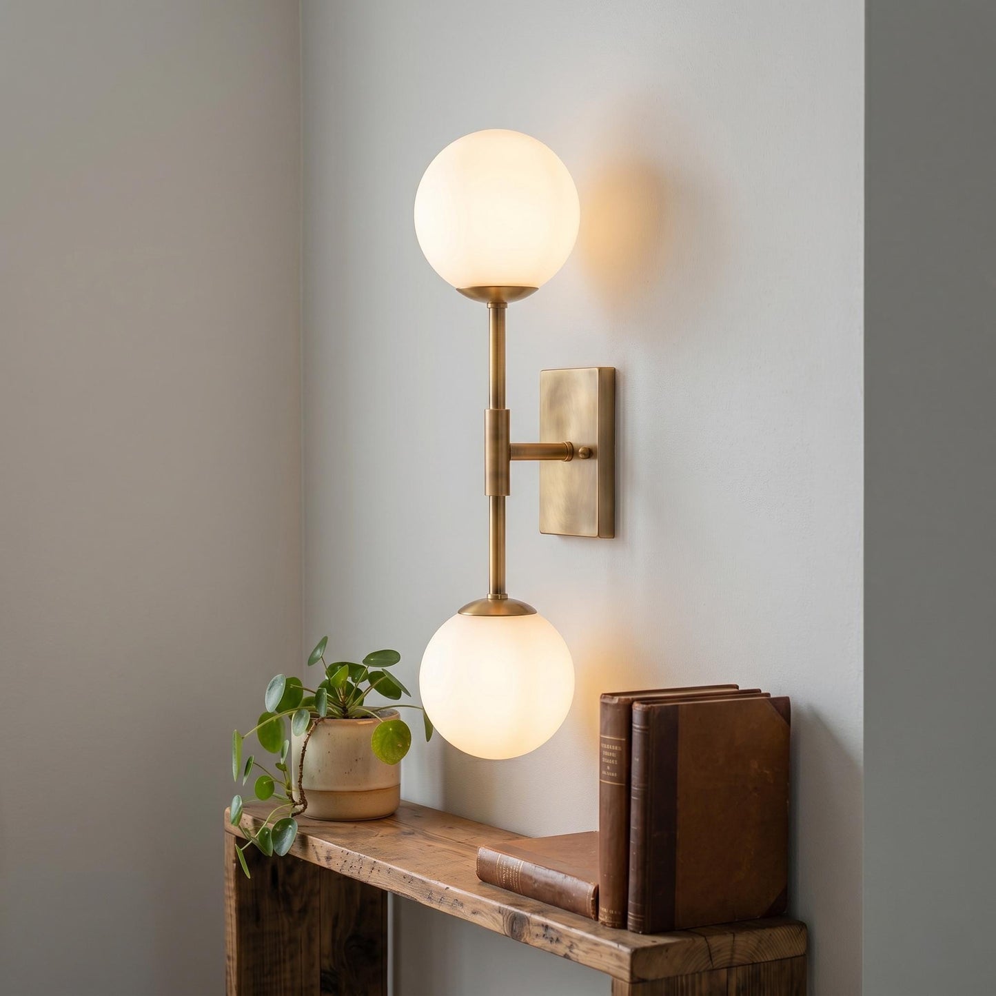 Minimal Brass Double Globe Sconce, Vertical Mid Century Wall Lamp, Luxury Lighting