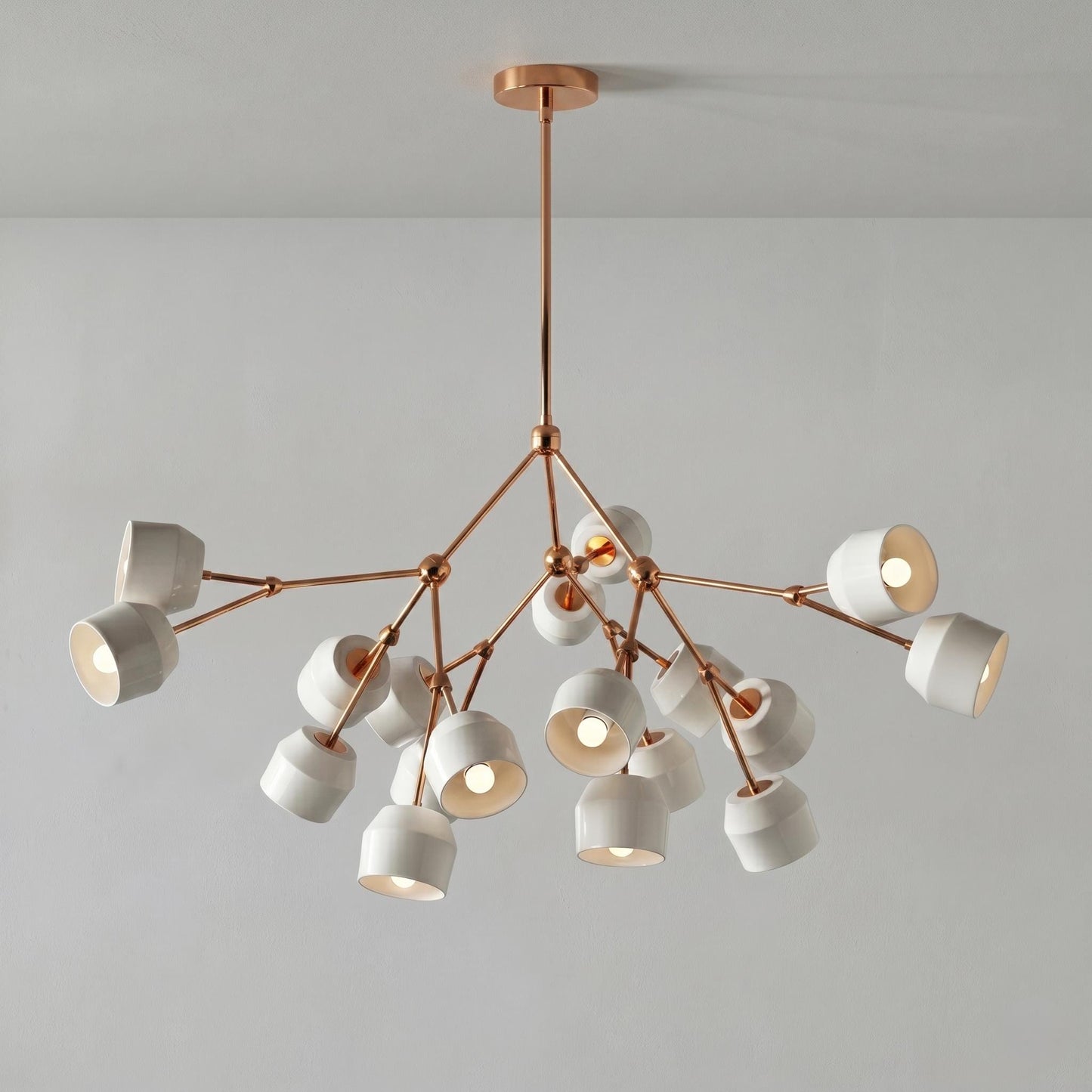 Architectural Large Branching Chandelier, Ceramic Bell Shade Pendant, Mid-Century Modern Dining Lighting