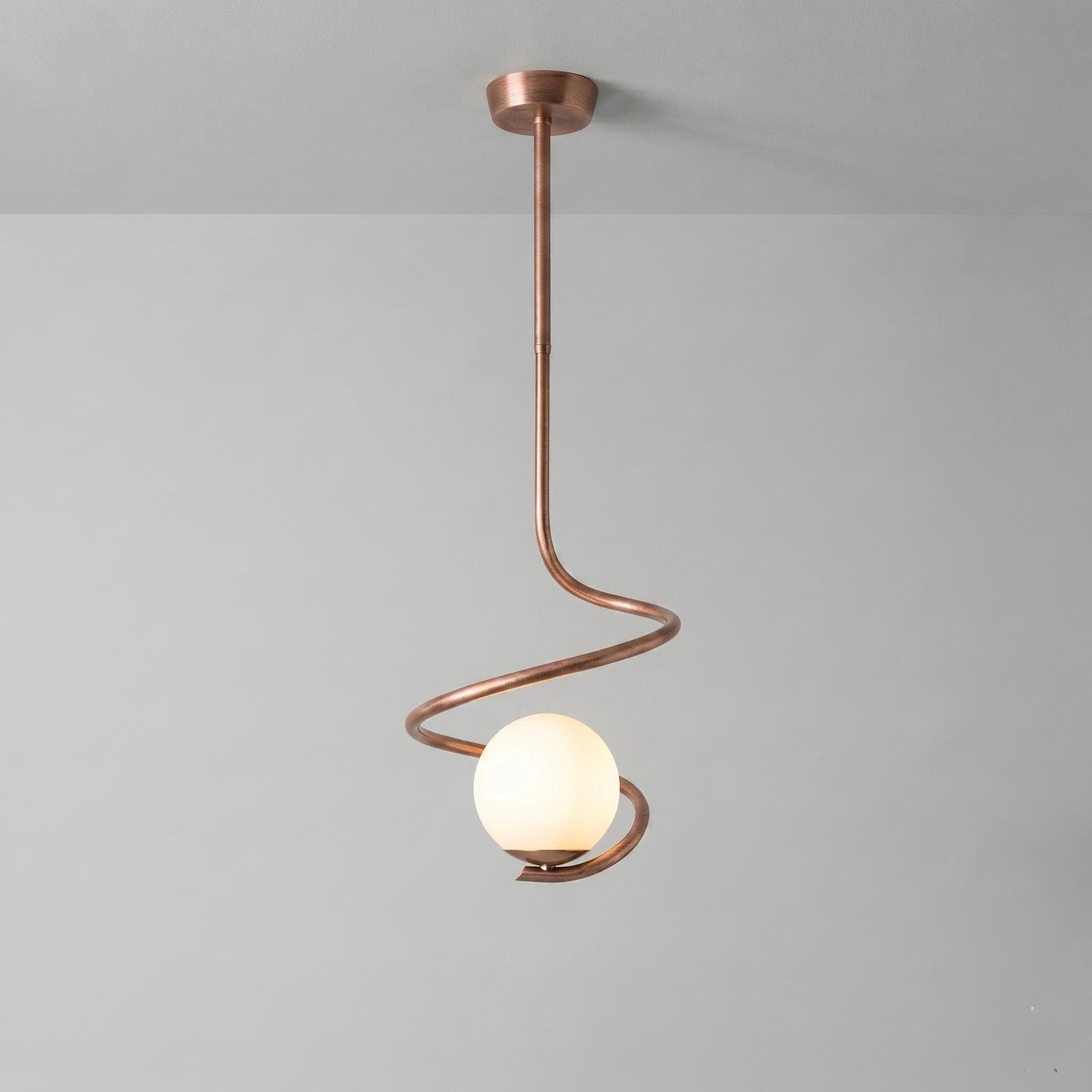 Sculptural Spiral Brass Pendant Light – 6” Opal Globe Chandelier, Minimalist Ceiling Lamp