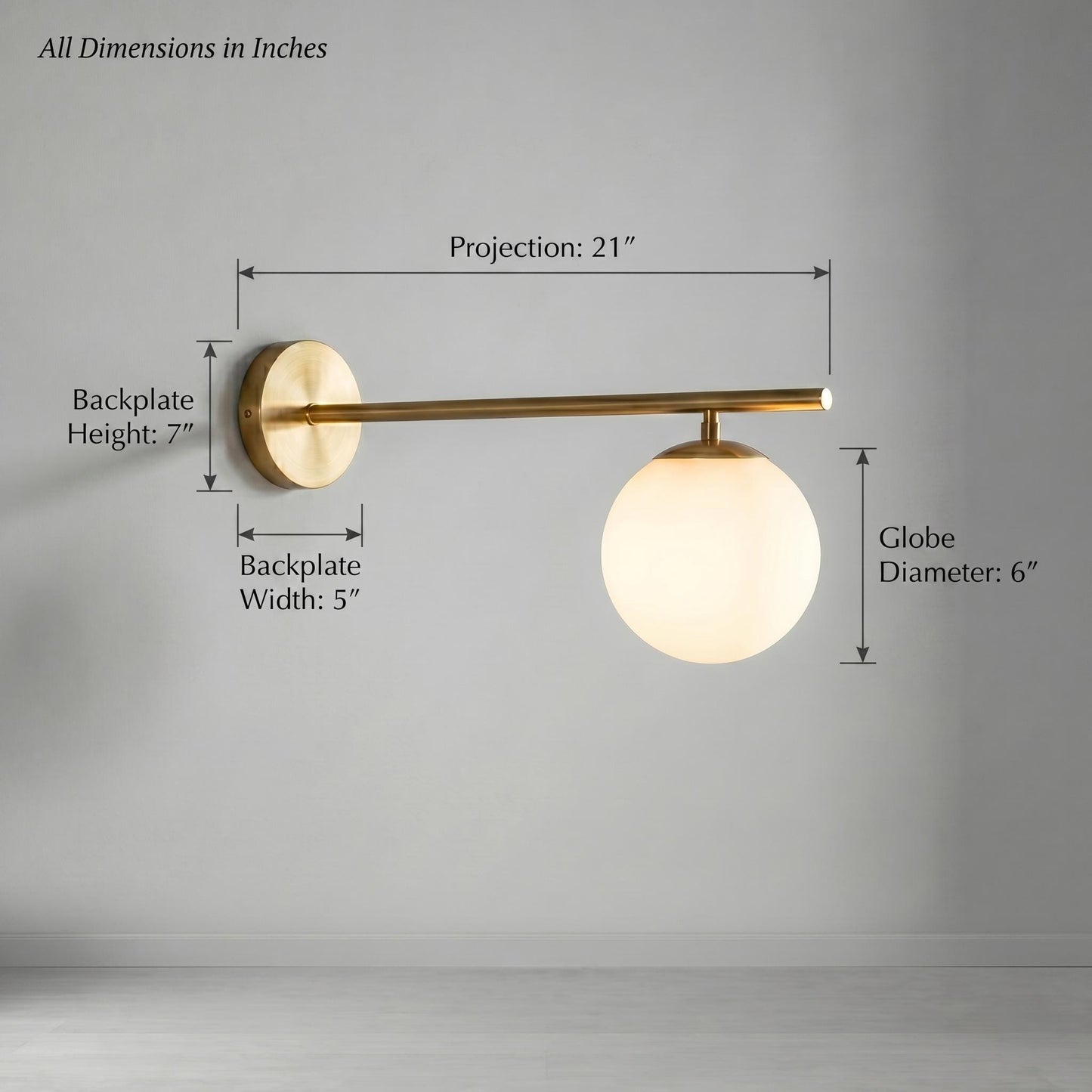 Brass Globe Wall Light – Mid Century Sconce – 6" Opal Glass – Bathroom Vanity Bedside Lighting