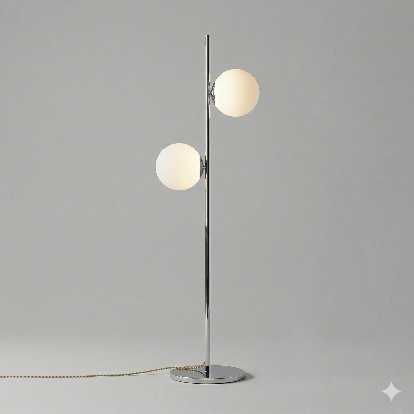Modern Brass Double Globe Floor Lamp | Mid Century Opal Glass Standing Light