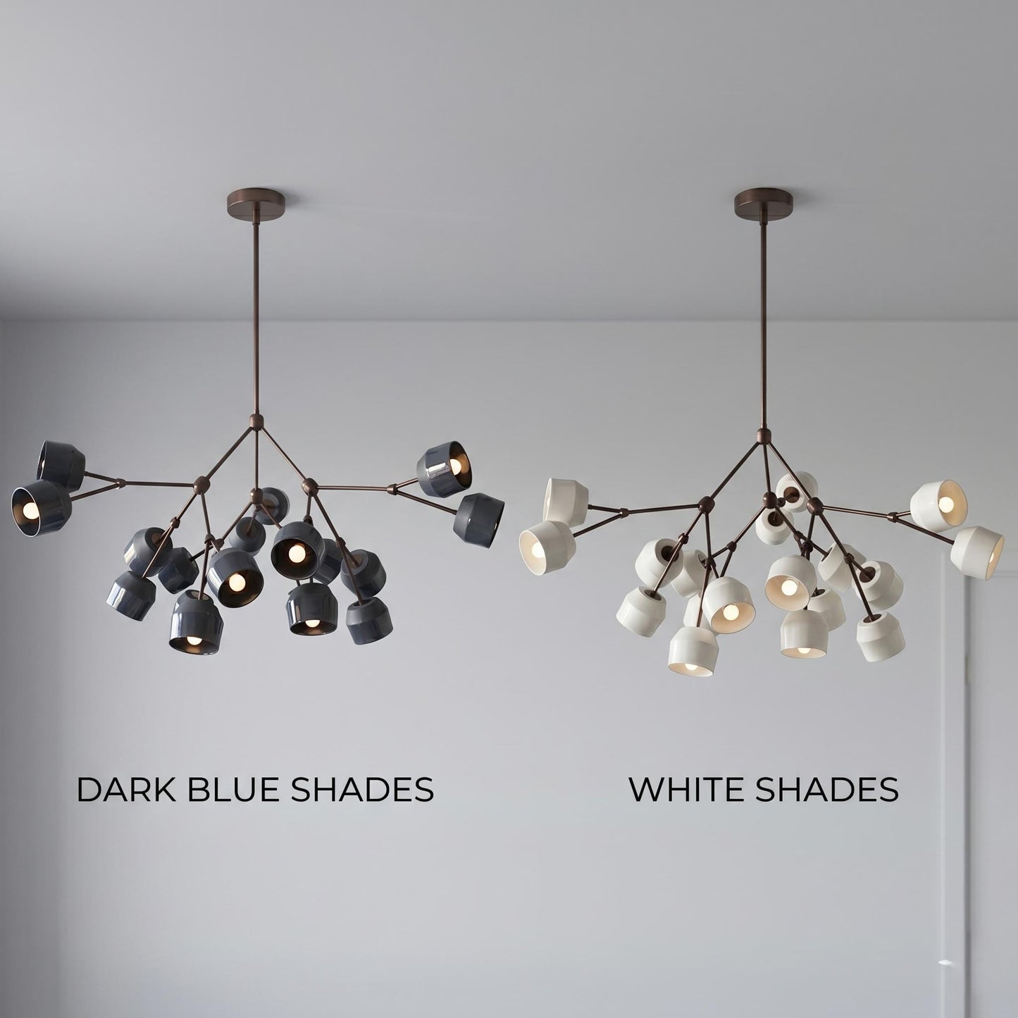 Architectural Large Branching Chandelier, Ceramic Bell Shade Pendant, Mid-Century Modern Dining Lighting
