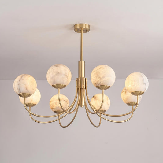 Natural Alabaster Globe Chandelier | 8 Light Brass Chandelier | Custom Finish Ceiling Light | Luxury Dining Room Lighting