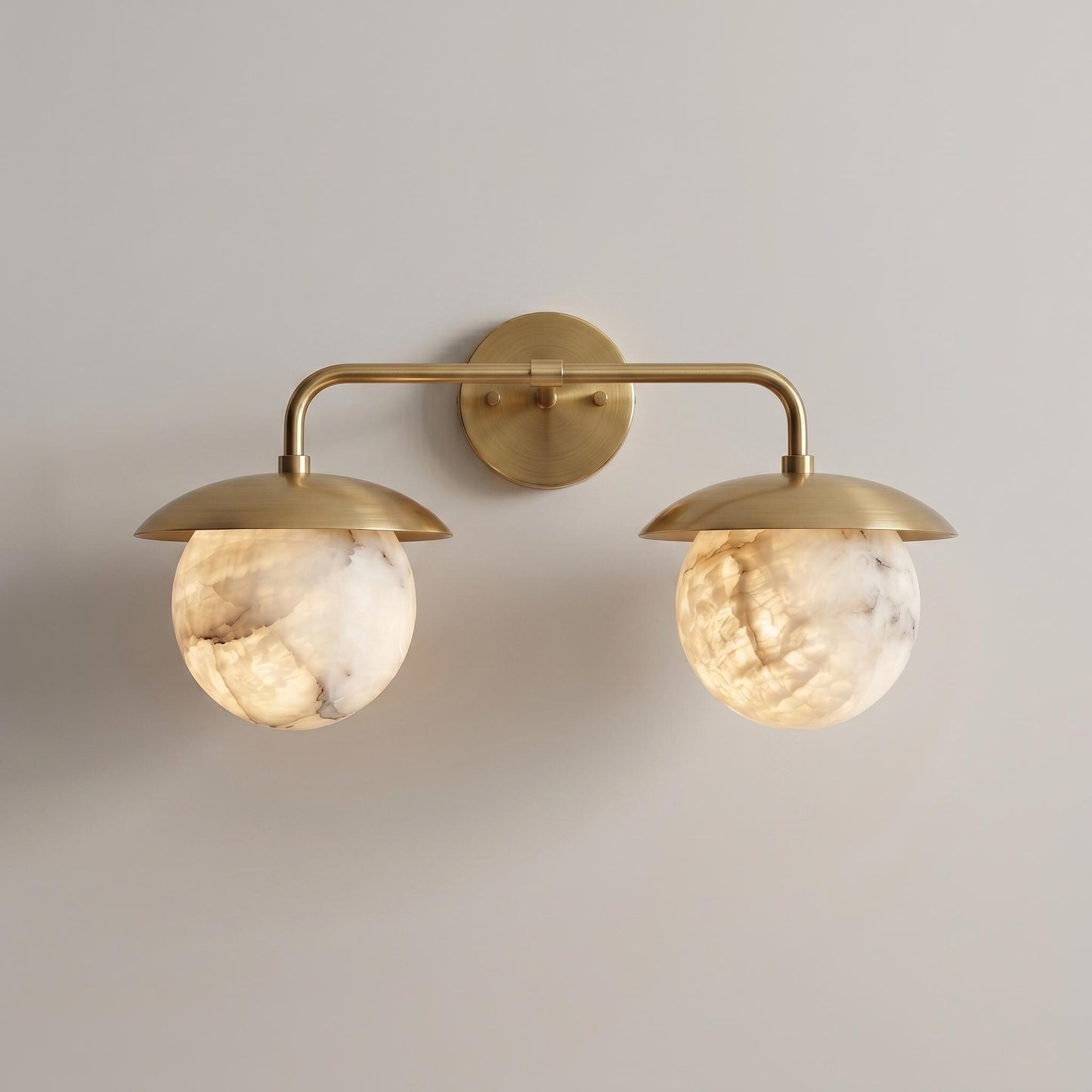 Double Alabaster Globe Wall Sconce, Brass Vanity Light, Modern Bathroom Wall Lamp, Luxury Natural Stone Lighting, Mid Century Wall Fixture