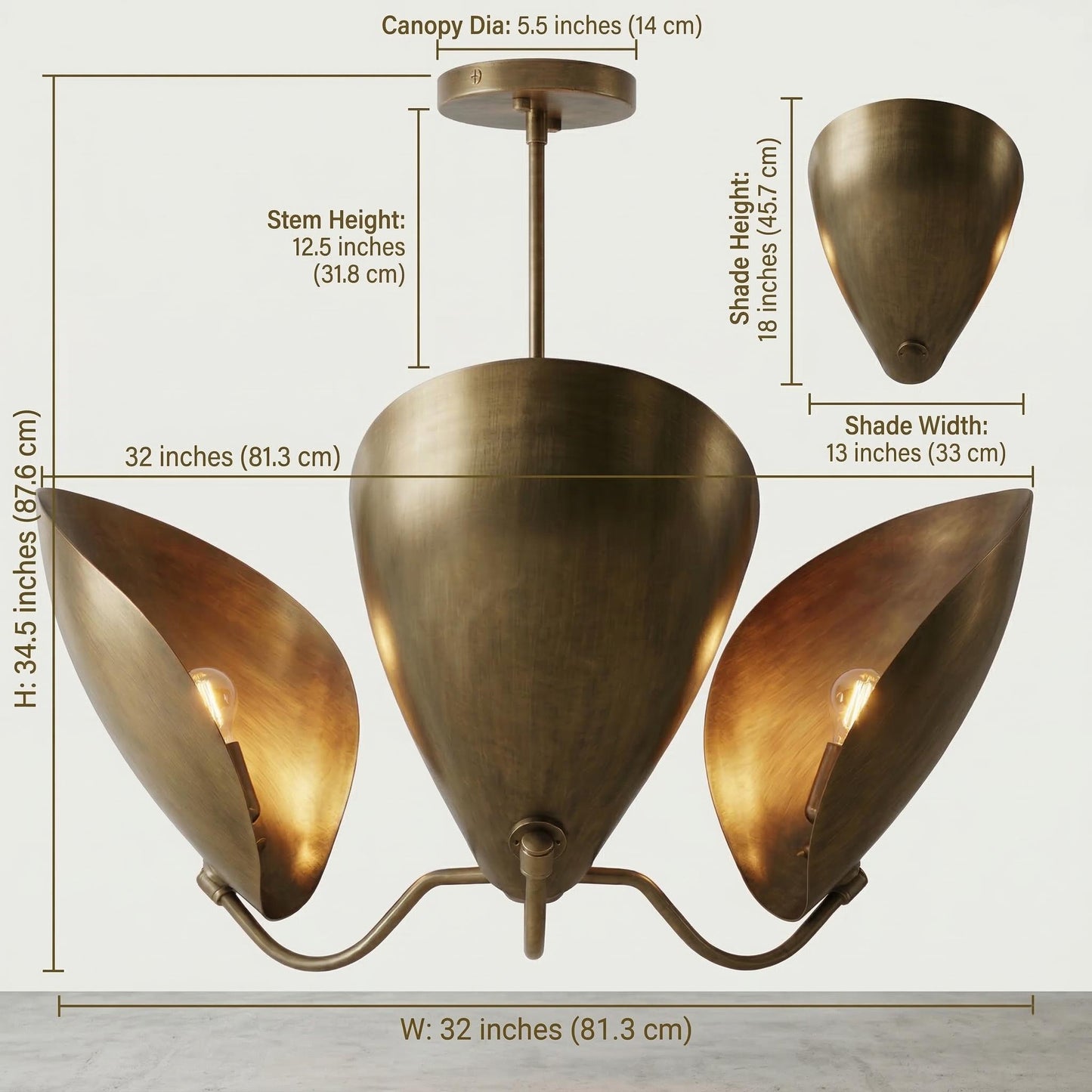 Mid Century Lily Chandelier – 3 Light Brass Petal Fixture, 32" Statement Pendant Lamp