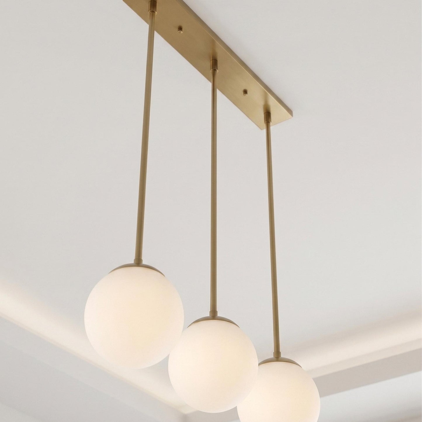 3 Globe Brass Pendant Light | Linear Chandelier, Frosted Glass, Mid Century Ceiling Fixture
