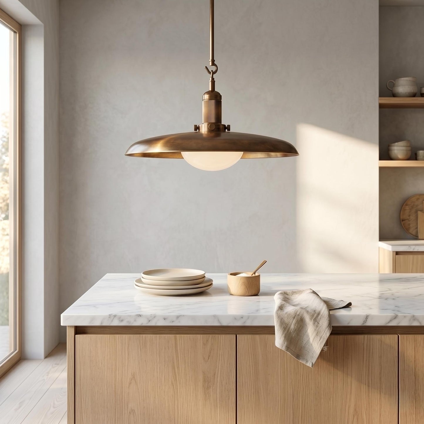 Antique Brass Pendant Light | Mid Century Drop Lamp | Brass Kitchen Island Hanging Light | Modern Dome Ceiling Pendant | Custom Drop Height