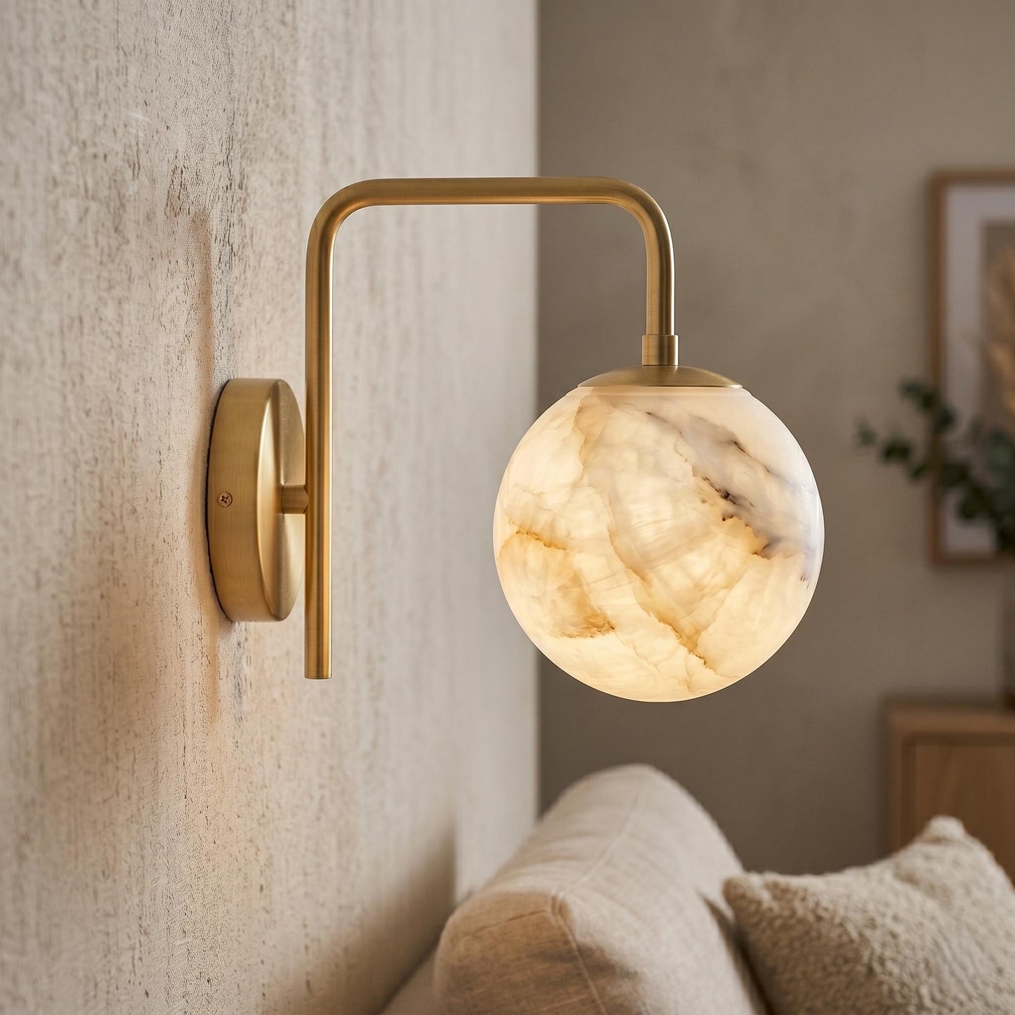 Alabaster Globe Wall Sconce, Brass Wall Light, Luxury Bathroom Vanity Light, Modern Stone Wall Fixture, Custom Finish