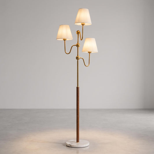 Modern Brass Floor Lamp, 3 Light Standing Lamp, Linen Shade Floor Light, Marble Base Floor Lamp, Leather Wrapped Floor Lamp, Luxury Living
