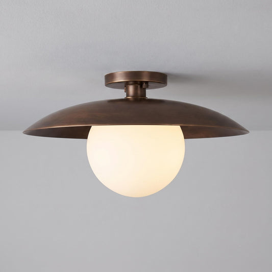 Modern Brass Flush Mount Ceiling Light for Sloped Ceilings, Opal Glass Globe, 12 Inch Shade, 6 Inch Globe, Custom Brass Ceiling Fixture