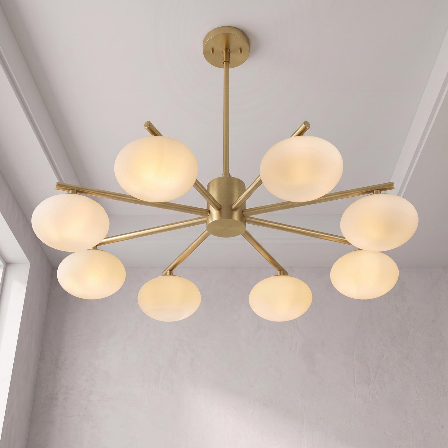 Brass Globe Chandelier, 8 Light Opal Glass Chandelier, Mid Century Ceiling Light, Dining Room Kitchen Island Fixture