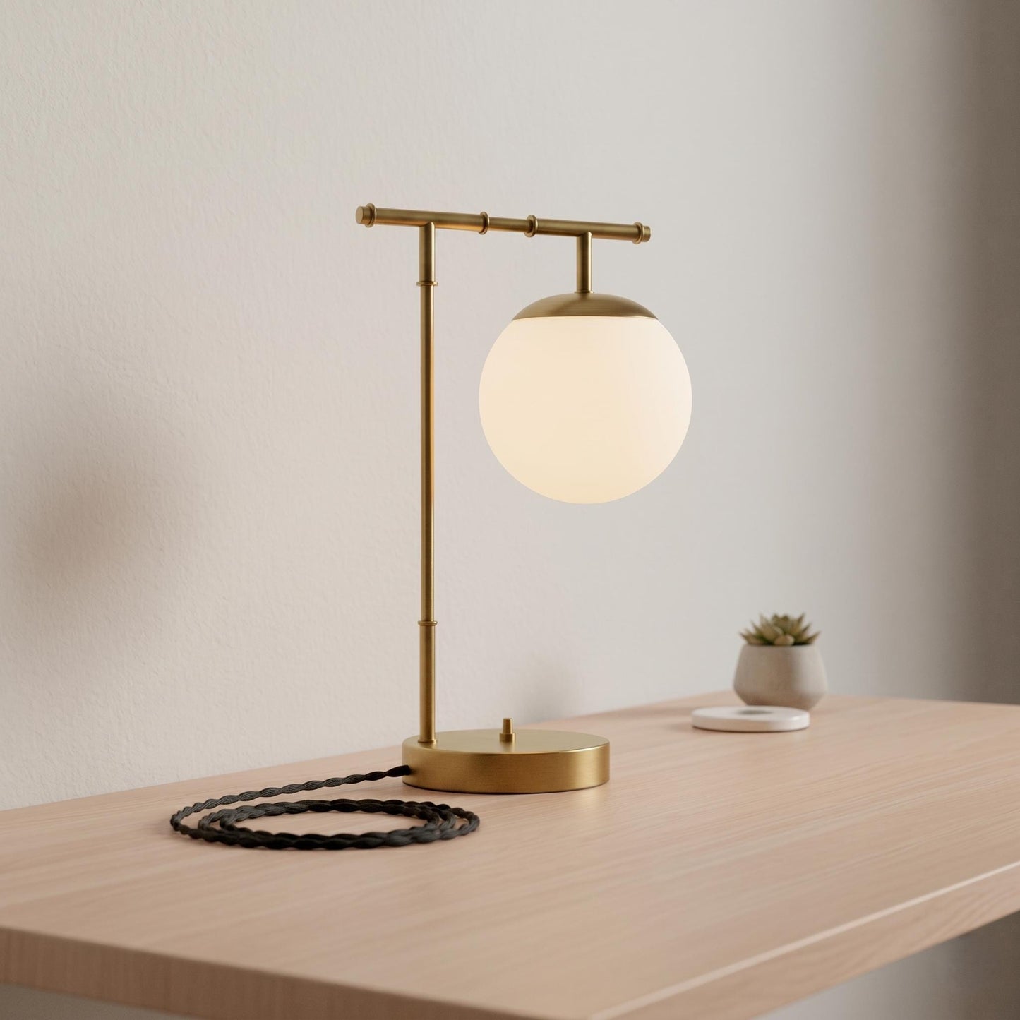 Modern Brass Globe Table Lamp – Frosted Glass Ball, Mid Century Desk Light