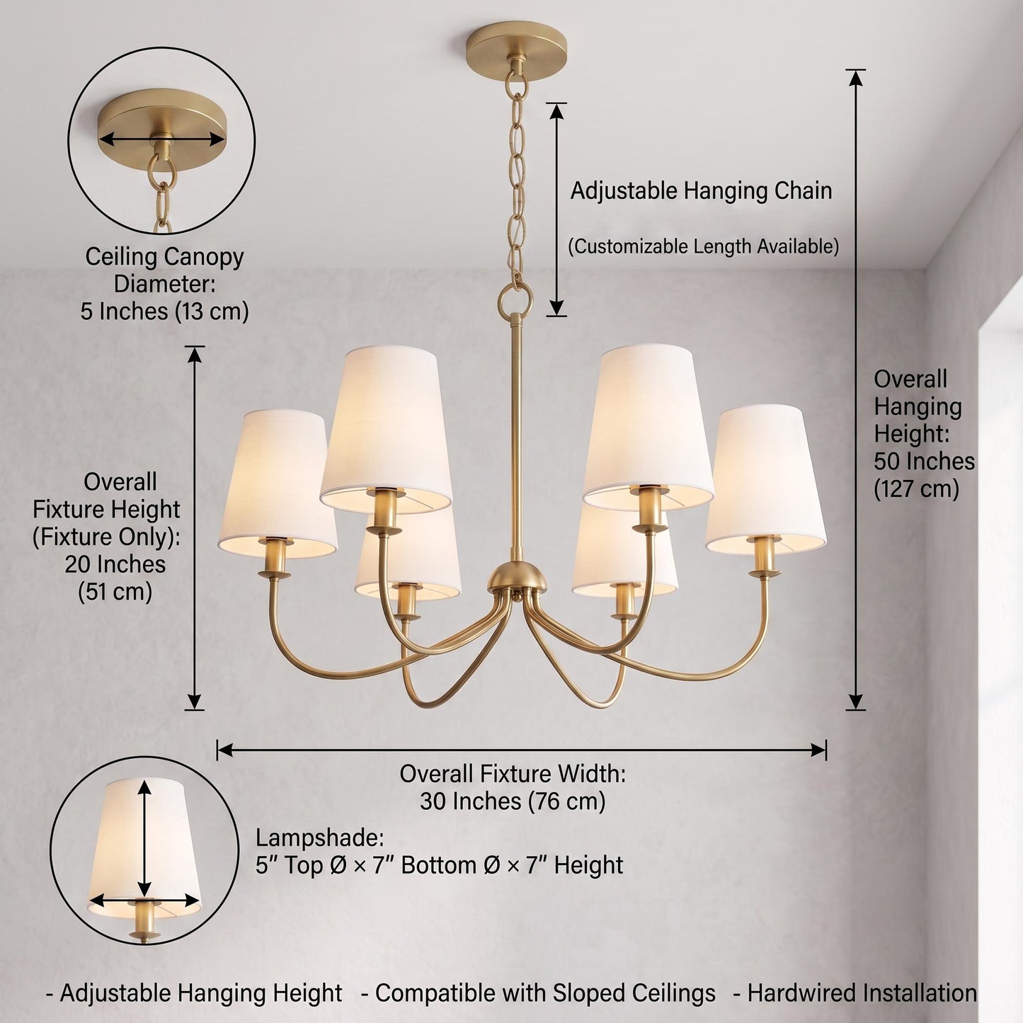 Modern Brass 6-Light Chandelier, Mid Century Pendant Light, White Fabric Shade Ceiling Light, Dining Room Kitchen Island Lighting