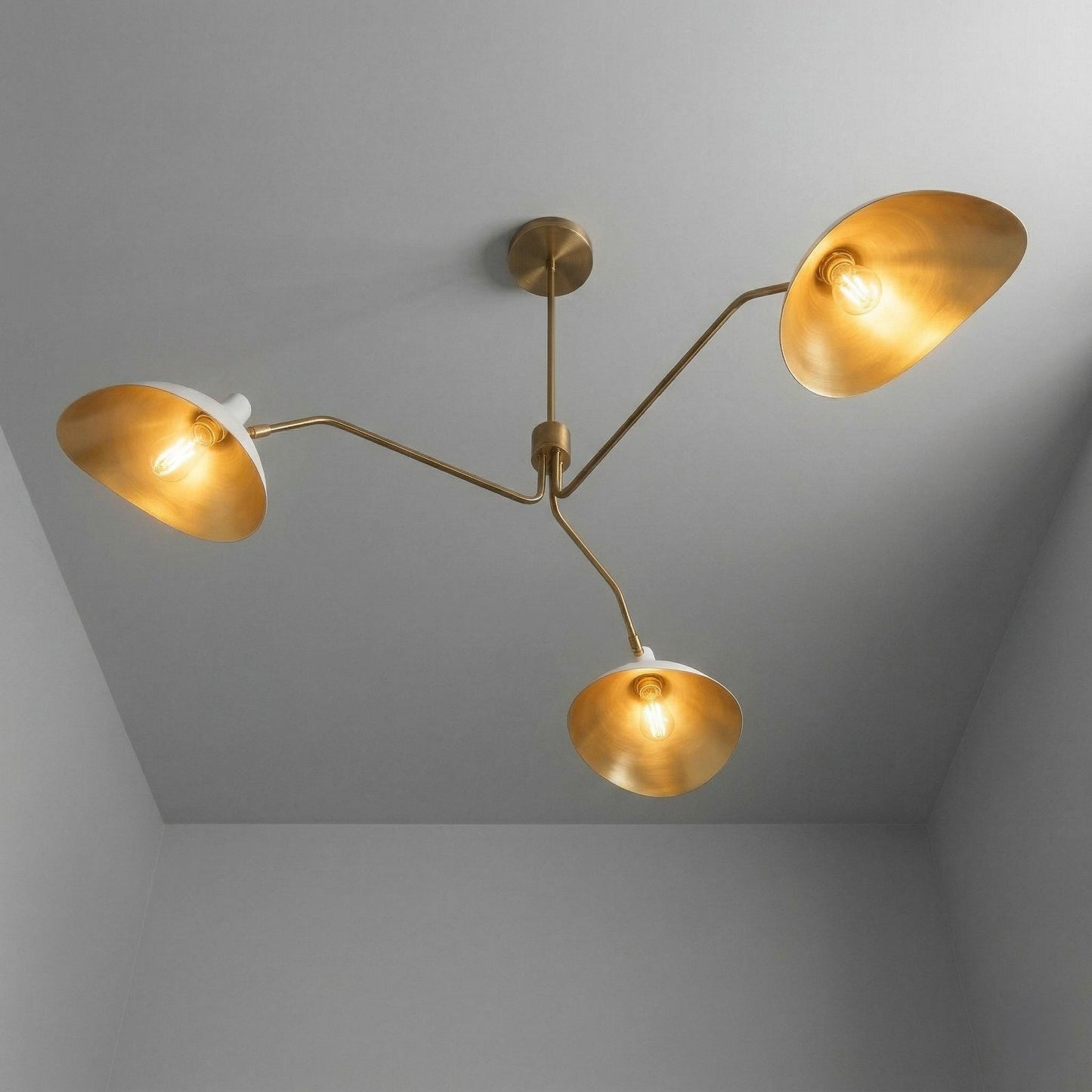 Mid Century Modern Brass 3-Arm Chandelier – Sculptural Pendant Lighting Fixture – 45" Wide Lamp