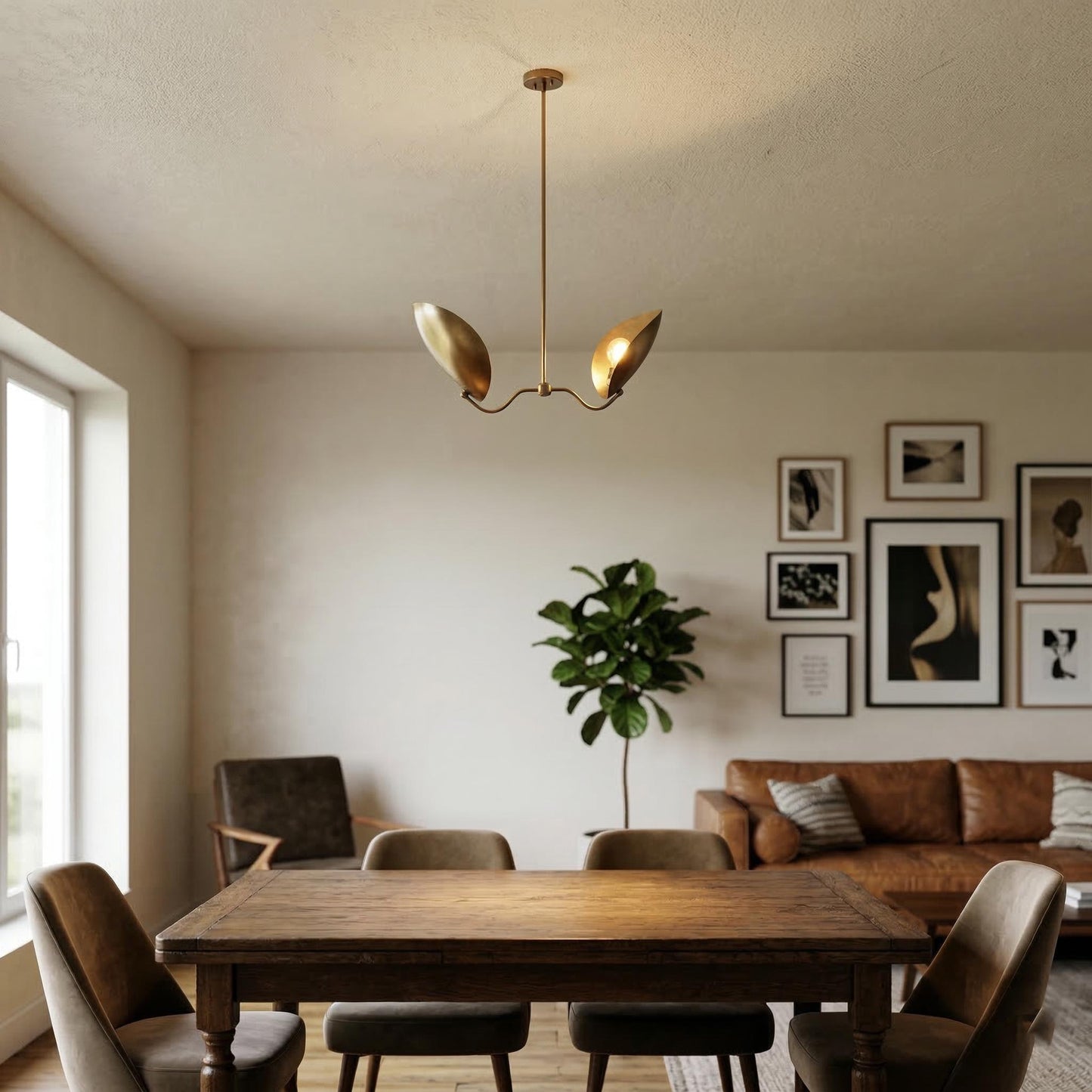 Mid Century Brass Lily Chandelier – 2 Light Sculptural Pendant Light