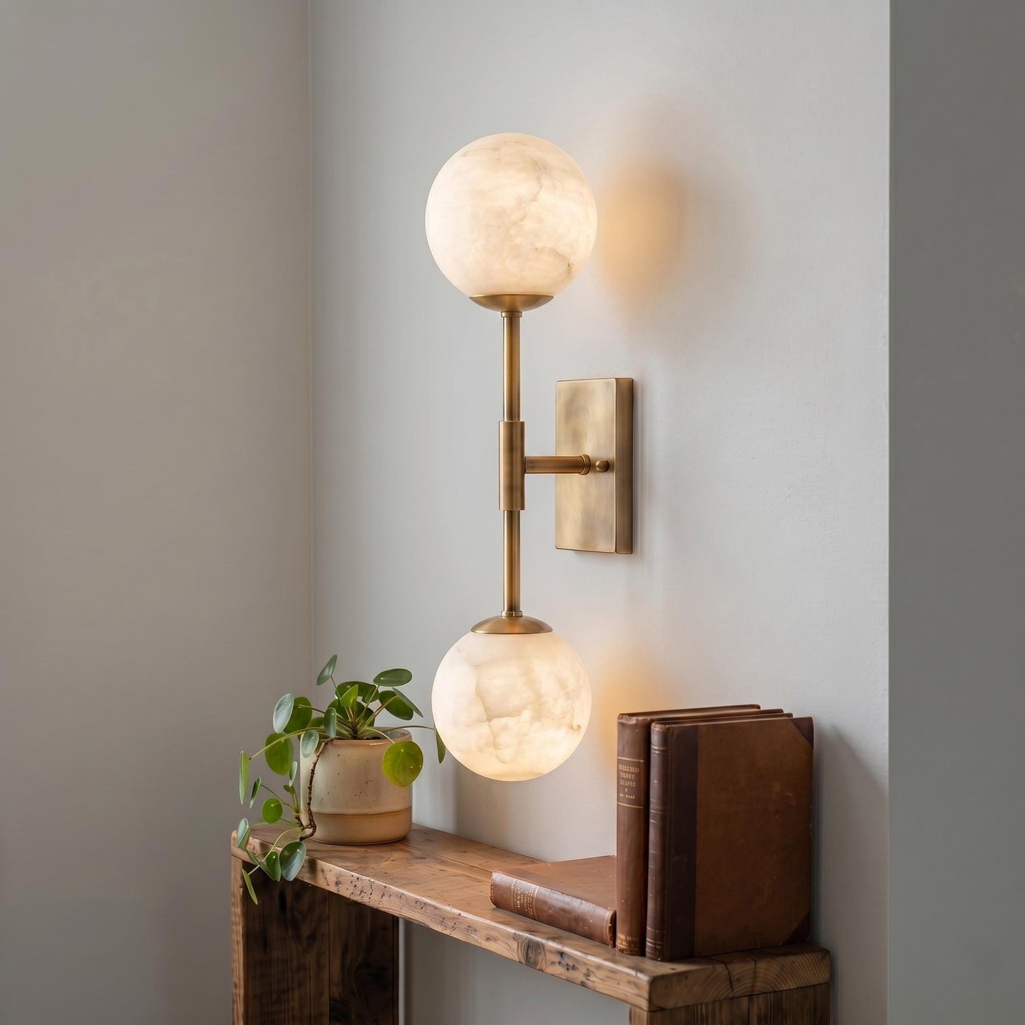 Alabaster Globe Wall Sconce, Double Brass Wall Light, Luxury Bathroom Vanity Light, Modern Stone Wall Fixture