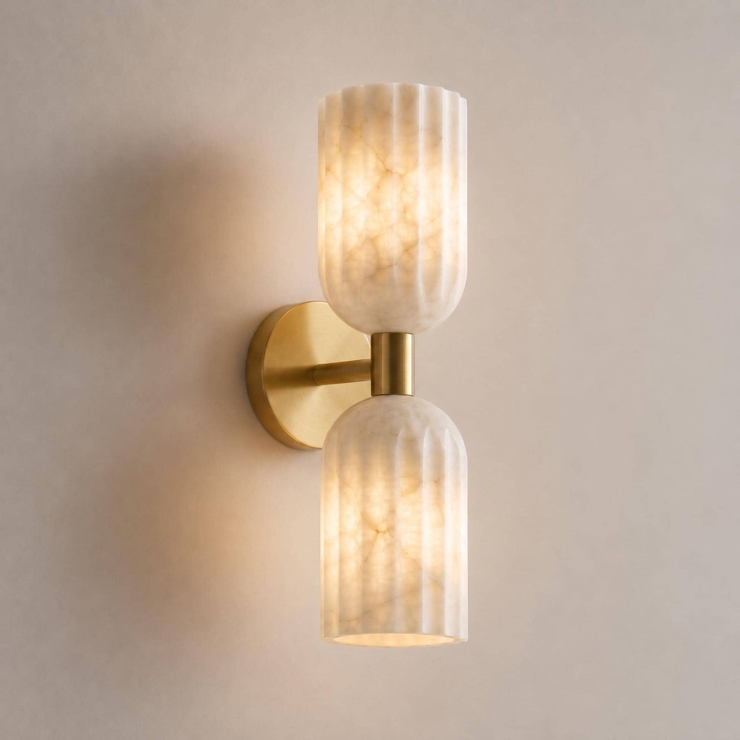 Fluted Alabaster Wall Sconce, Brass Double Light Wall Lamp, Modern Bathroom Vanity Light, Luxury Natural Stone Lighting Fixture