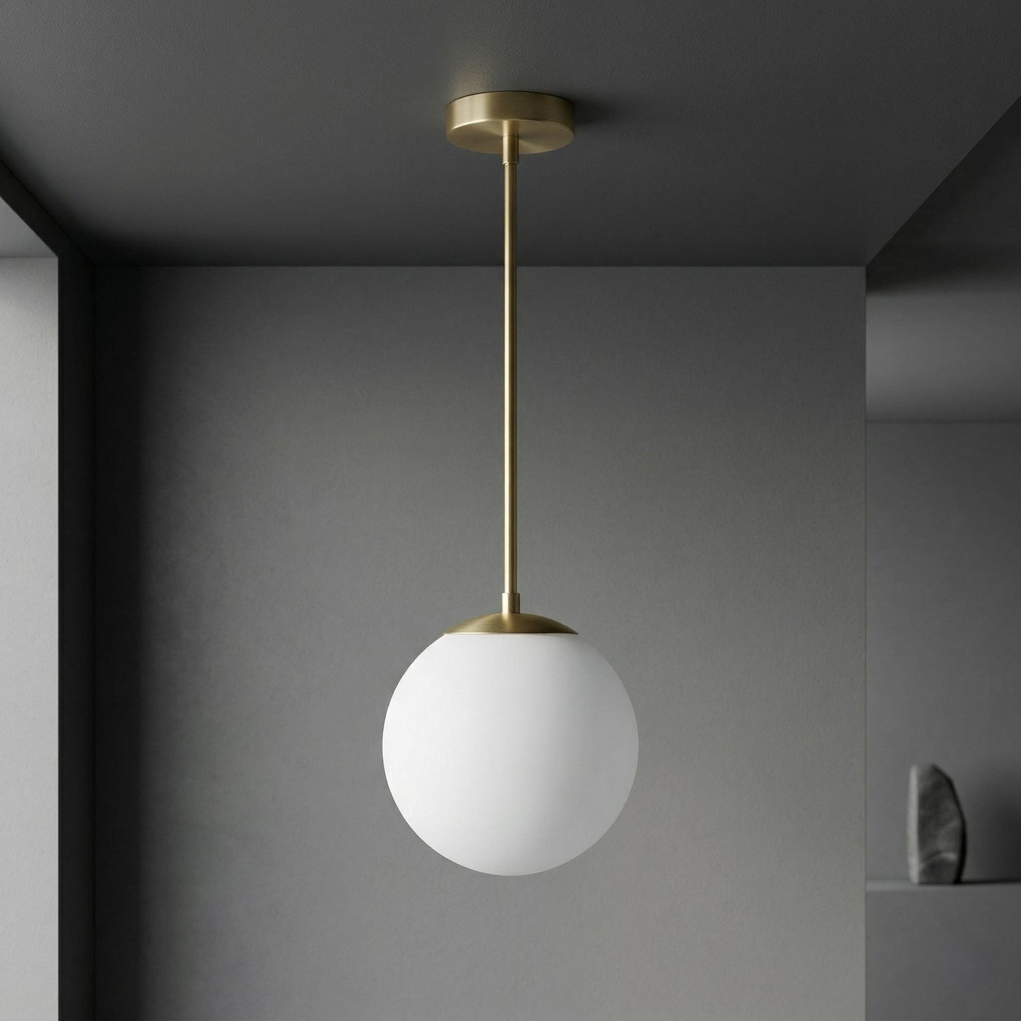 Brass Globe Pendant Light, 6 Inch Opal Glass, Minimal Hanging Lamp, Custom Length