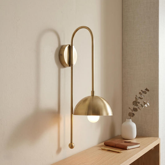 Modern Brass Wall Sconce, Tall Dome Shade Wall Lamp, Minimal Bedside Wall Light, Mid Century Brass Lighting Fixture, Plug In / Hardwired