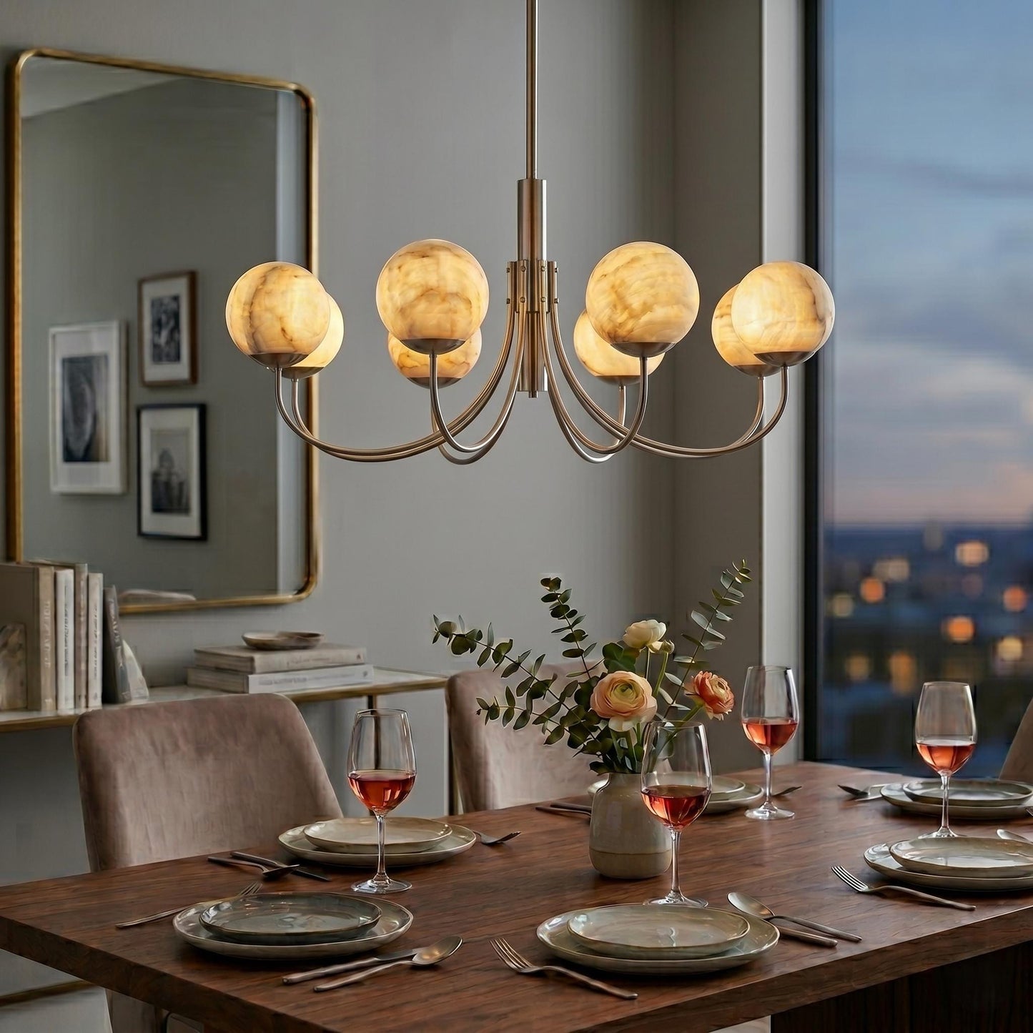Natural Alabaster Globe Chandelier | 8 Light Brass Chandelier | Custom Finish Ceiling Light | Luxury Dining Room Lighting