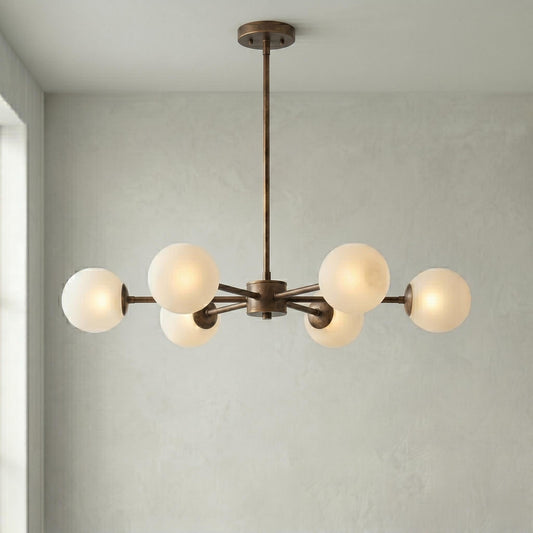 6 Light Globe Chandelier, Modern Brass Chandelier, Mid Century Ceiling Light, Frosted Globe Pendant, Dining Room Lighting
