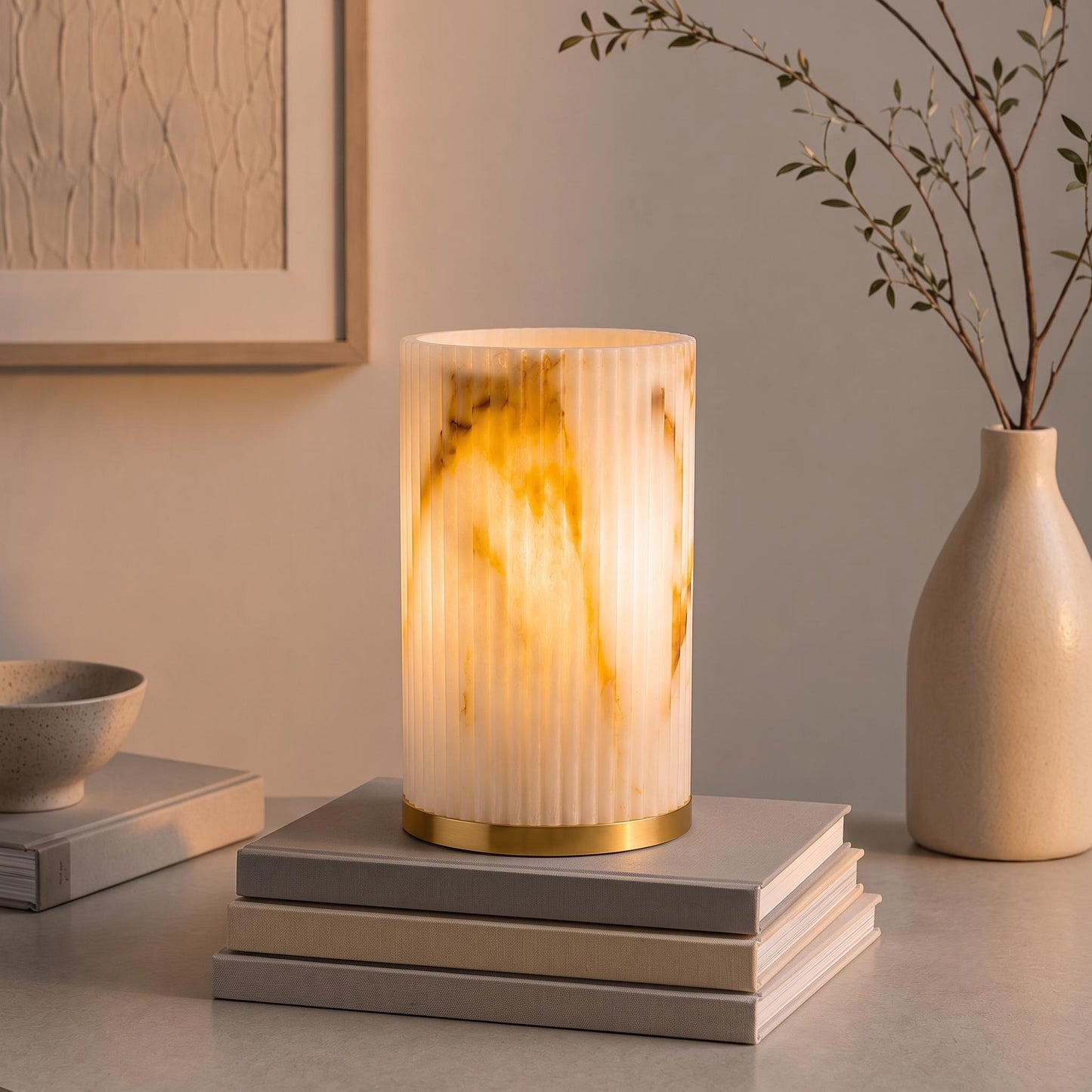 Modern Alabaster Table Lamp, Marble Effect Bedside Lamp, Ribbed Stone Accent Light, Brass Base, Minimal Home Decor