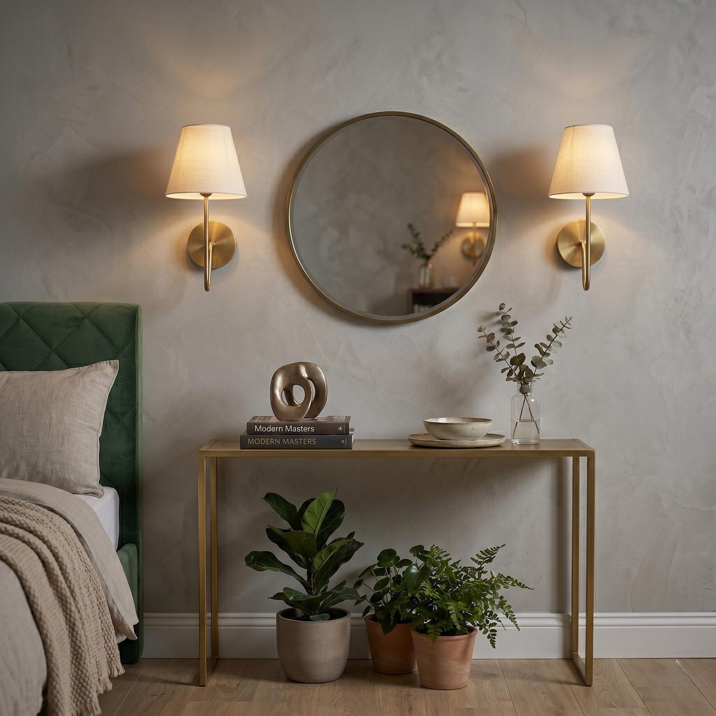 Modern Brass Wall Sconce – Minimalist Fabric Shade Bedside Lamp