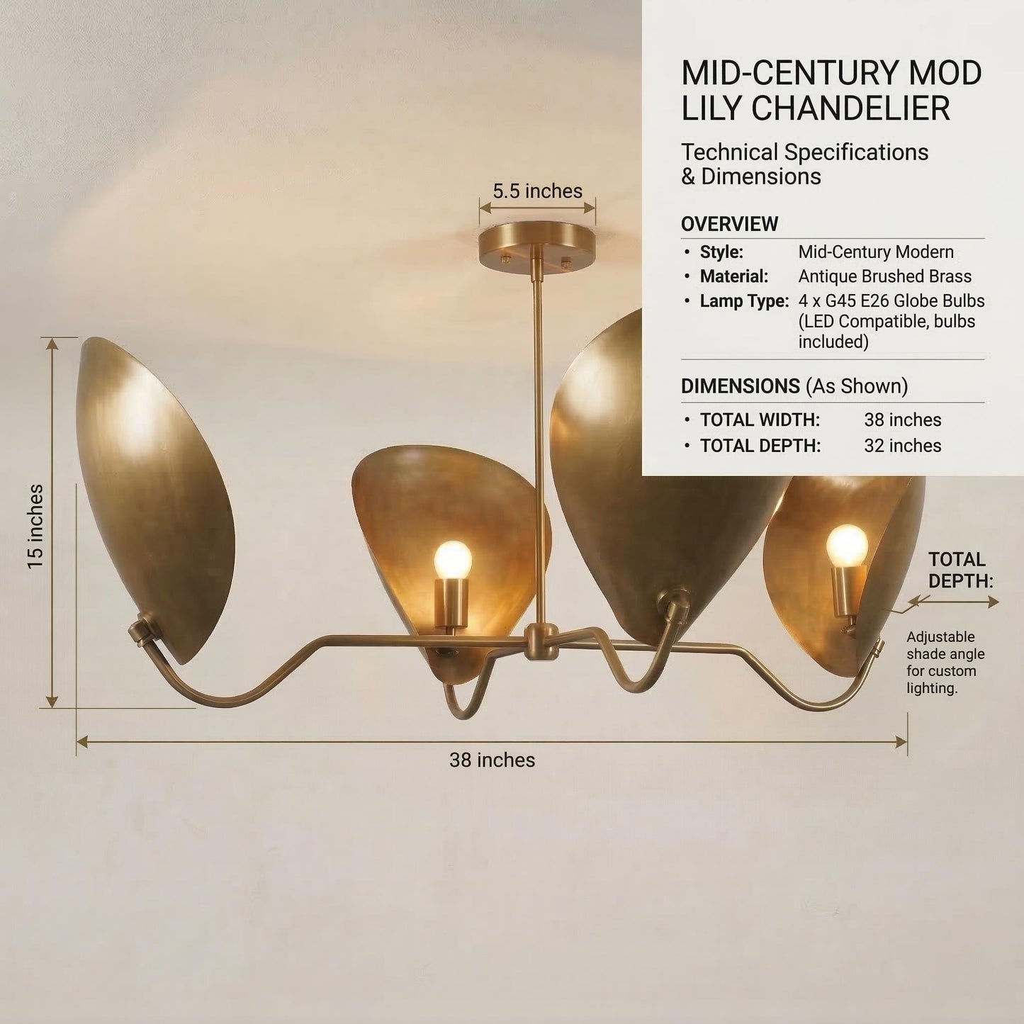 Mid Century Modern Lily Chandelier – Brass Petal Ceiling Light, 4-Light Sculptural Fixture 38” Wide)