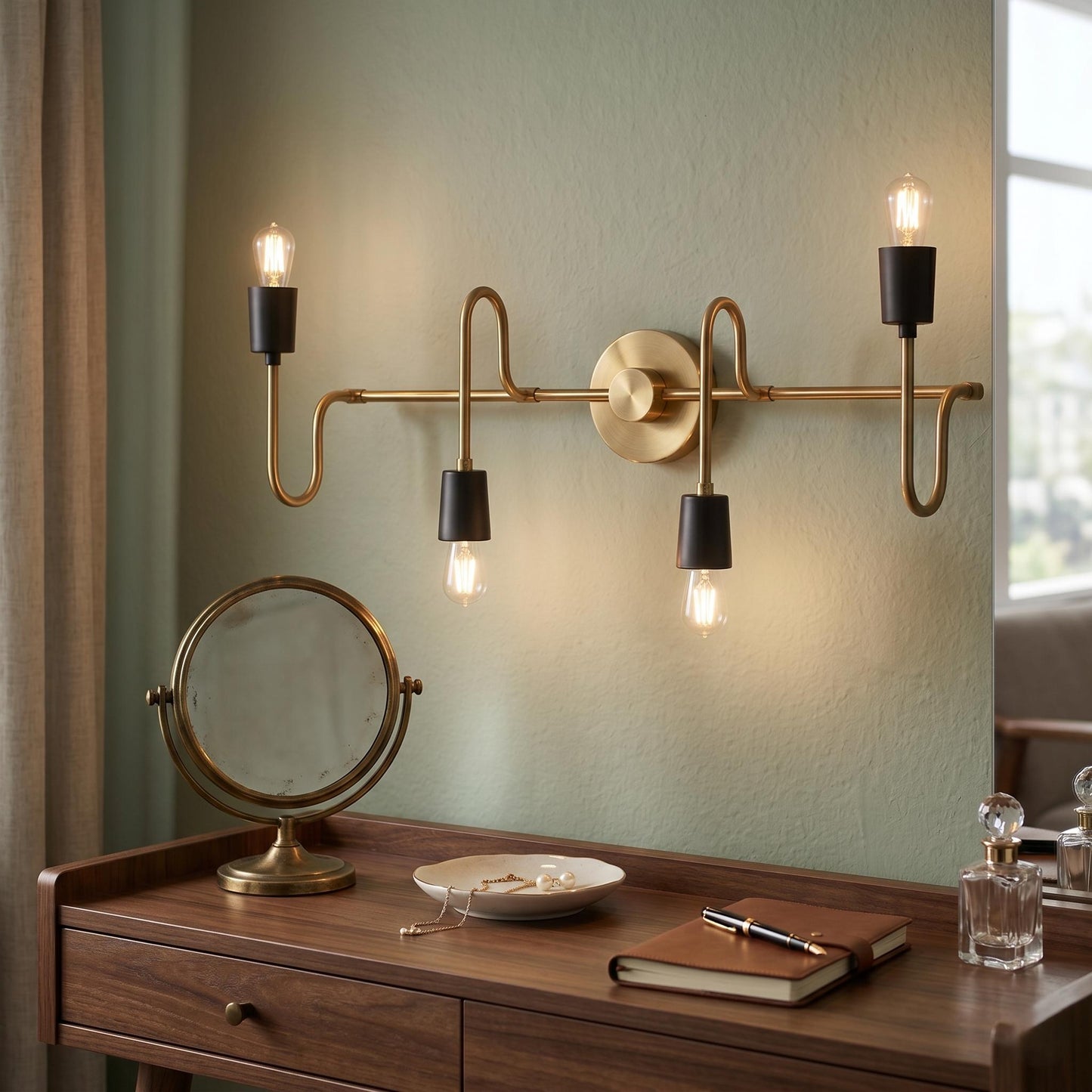 Modern Brass 4-Light Linear Wall Sconce – Industrial Mid-Century Vanity Light