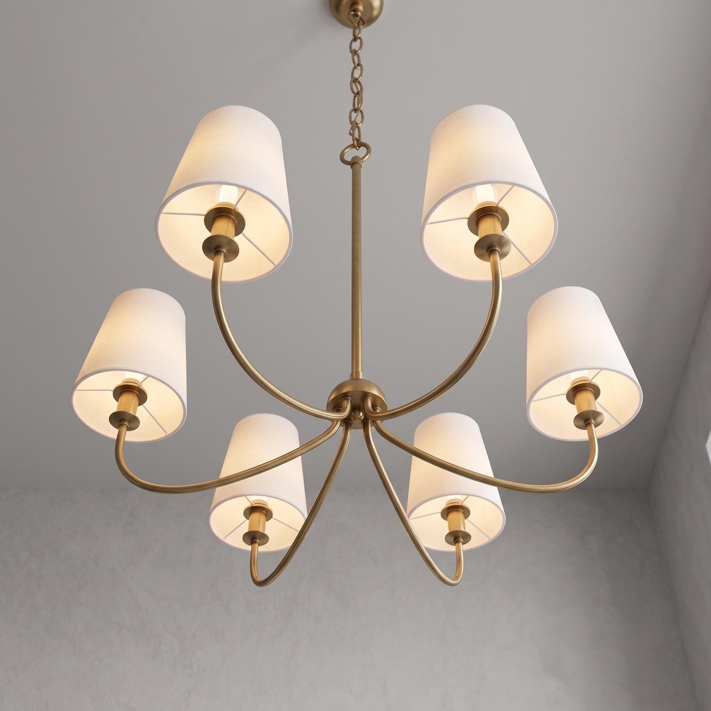 Modern Brass 6-Light Chandelier, Mid Century Pendant Light, White Fabric Shade Ceiling Light, Dining Room Kitchen Island Lighting