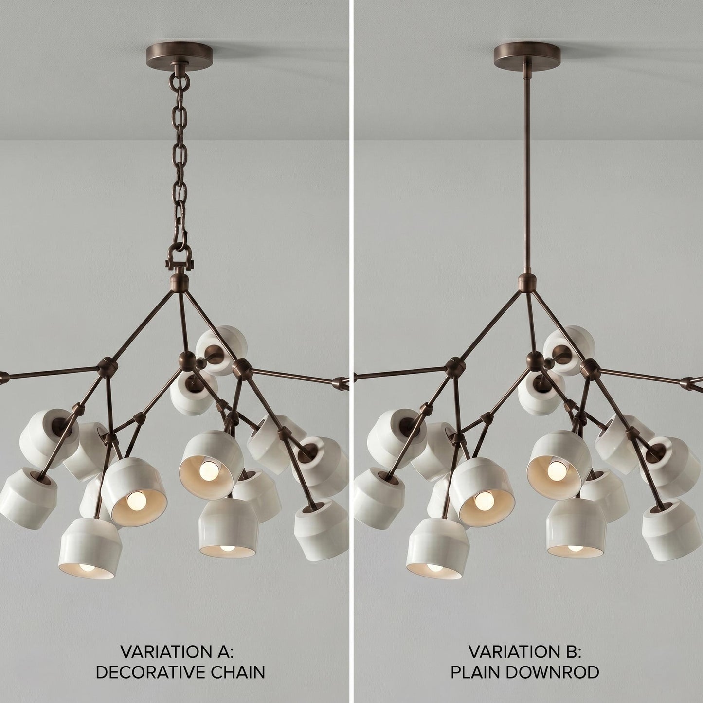 Architectural Large Branching Chandelier, Ceramic Bell Shade Pendant, Mid-Century Modern Dining Lighting