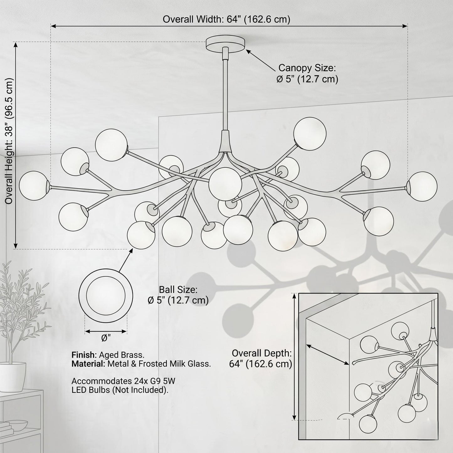Luxury Brass Branch Chandelier – 20 Light Mid Century Opal Glass Fixture, Modern Statement Light