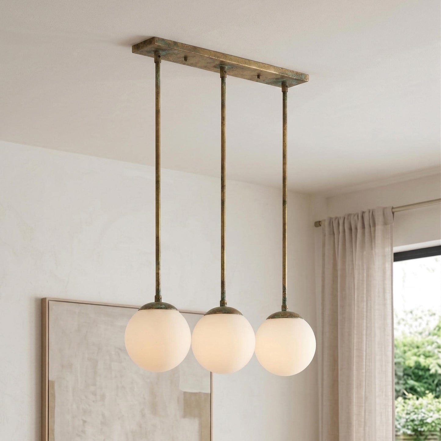 3 Globe Brass Pendant Light | Linear Chandelier, Frosted Glass, Mid Century Ceiling Fixture