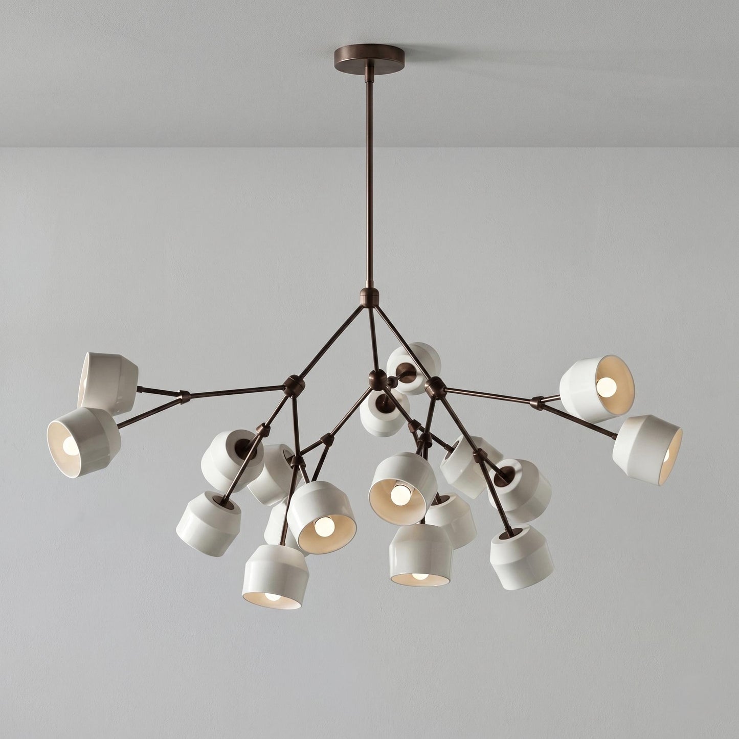 Architectural Large Branching Chandelier, Ceramic Bell Shade Pendant, Mid-Century Modern Dining Lighting