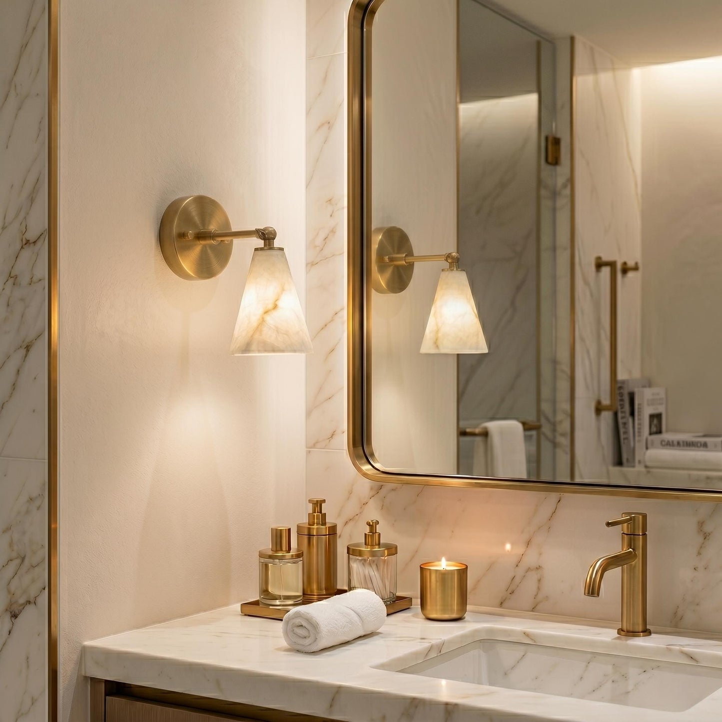 Modern Alabaster Wall Sconce, Brass Wall Light, Luxury Marble Wall Lamp, Bedroom Bedside Sconce, Bathroom Vanity Light, Handmade Lighting