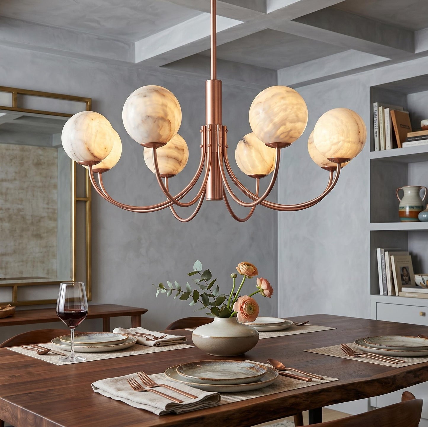 Natural Alabaster Globe Chandelier | 8 Light Brass Chandelier | Custom Finish Ceiling Light | Luxury Dining Room Lighting