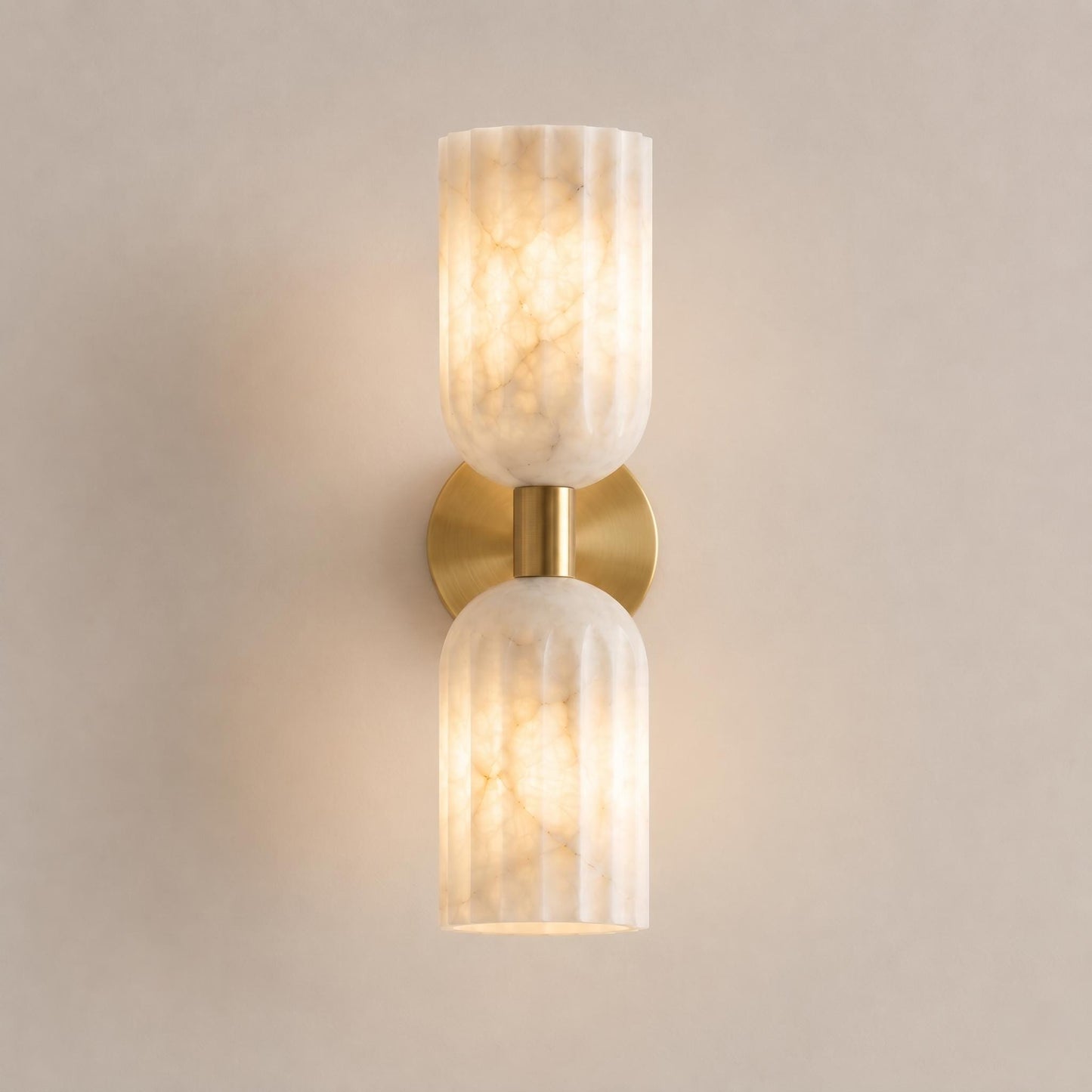 Fluted Alabaster Wall Sconce, Brass Double Light Wall Lamp, Modern Bathroom Vanity Light, Luxury Natural Stone Lighting Fixture