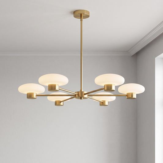 Modern Brass Sputnik Chandelier, 6 Light Opal Glass Ceiling Light, Mid Century Pendant, Dining Room Kitchen Island Lighting