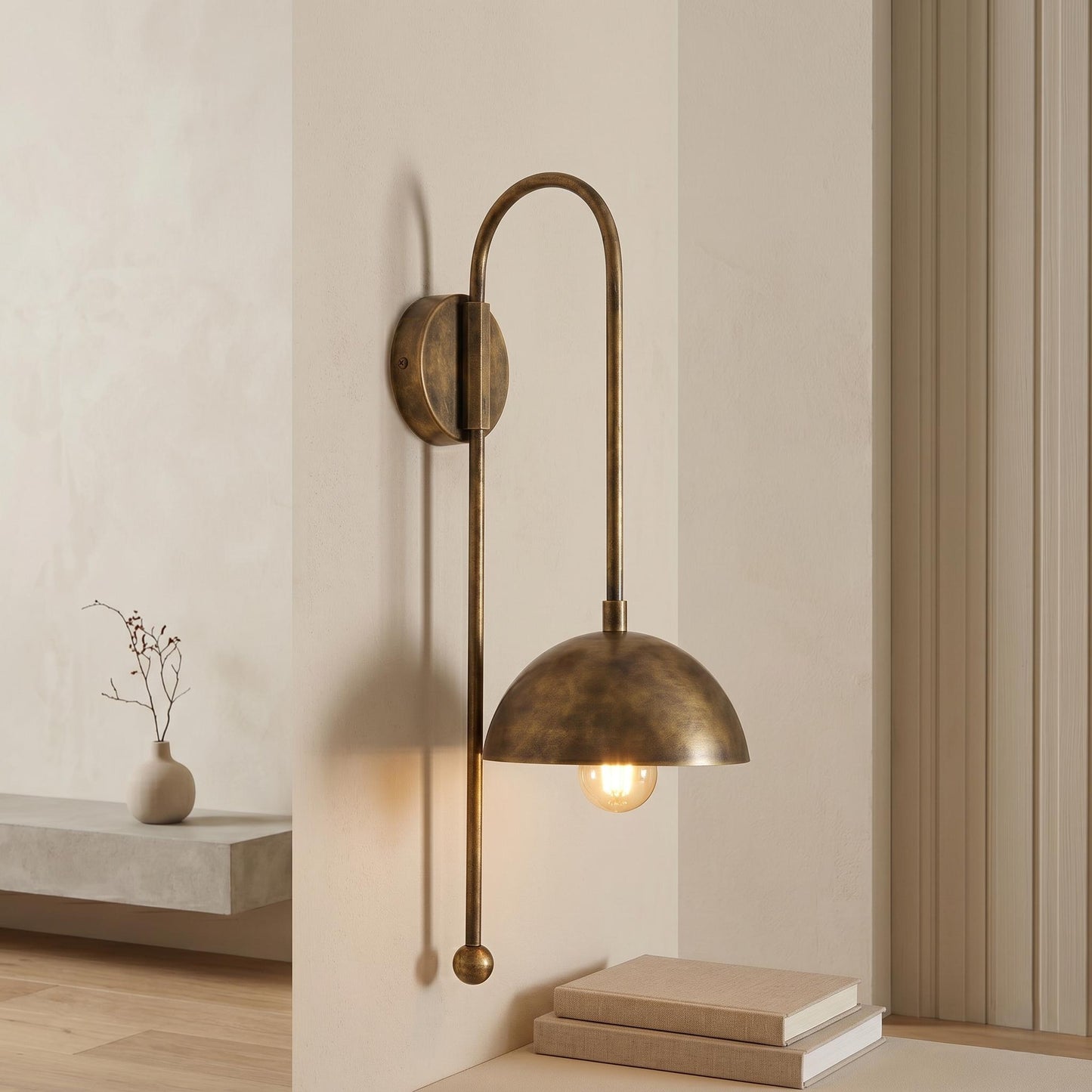 Modern Brass Wall Sconce, Tall Dome Shade Wall Lamp, Minimal Bedside Wall Light, Mid Century Brass Lighting Fixture, Plug In / Hardwired