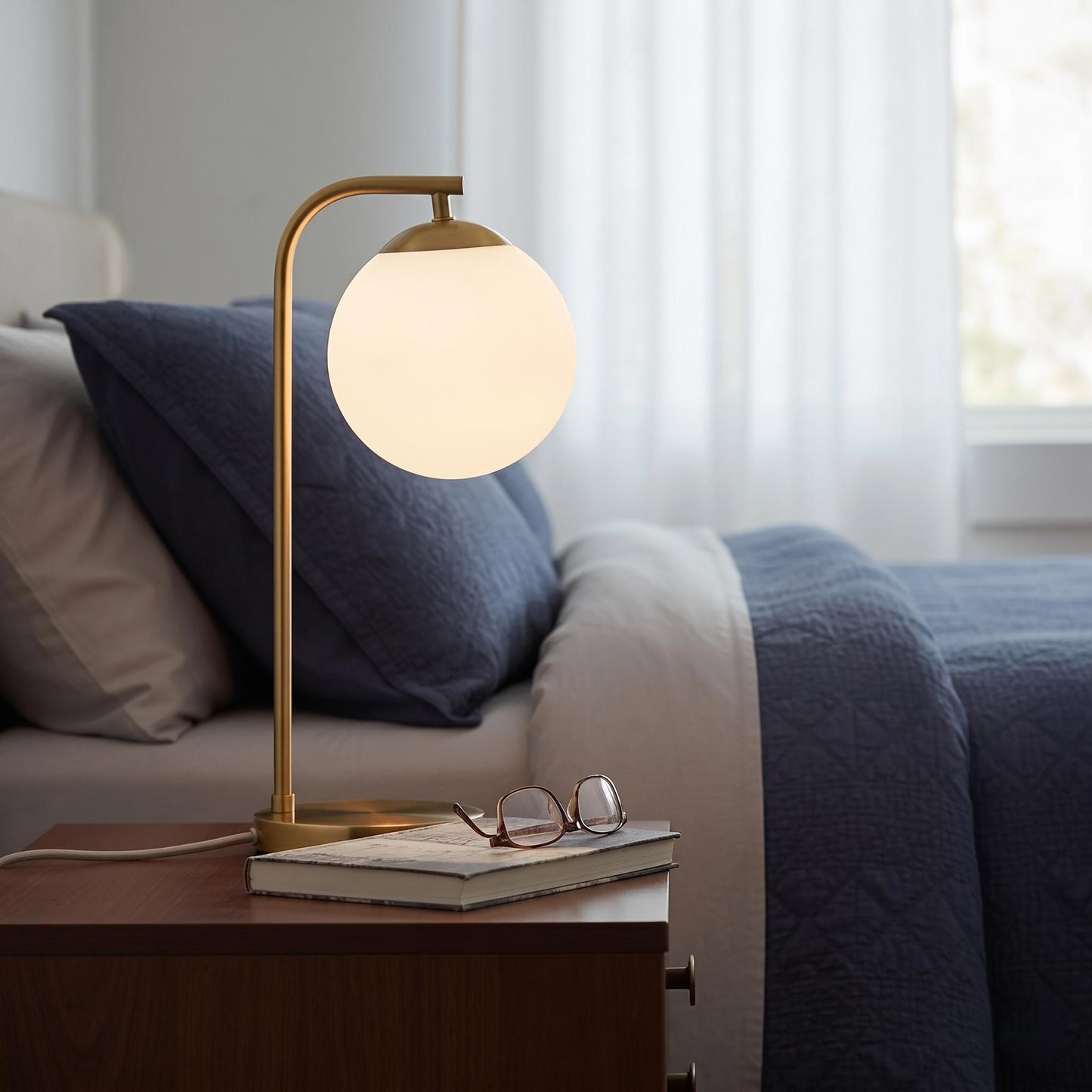 Modern Brass Globe Table Lamp – Frosted Glass Ball, Mid Century Desk Light