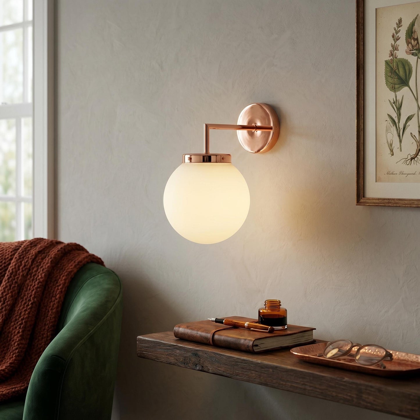 Modern Brass Wall Sconce, 6 Inch Opal Glass Globe Light, Minimalist Vanity Lamp
